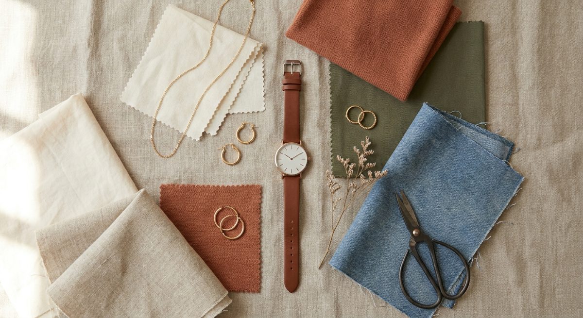 Palette de tissus crème, terracotta, vert olive et denim autour d'une montre à bracelet marron