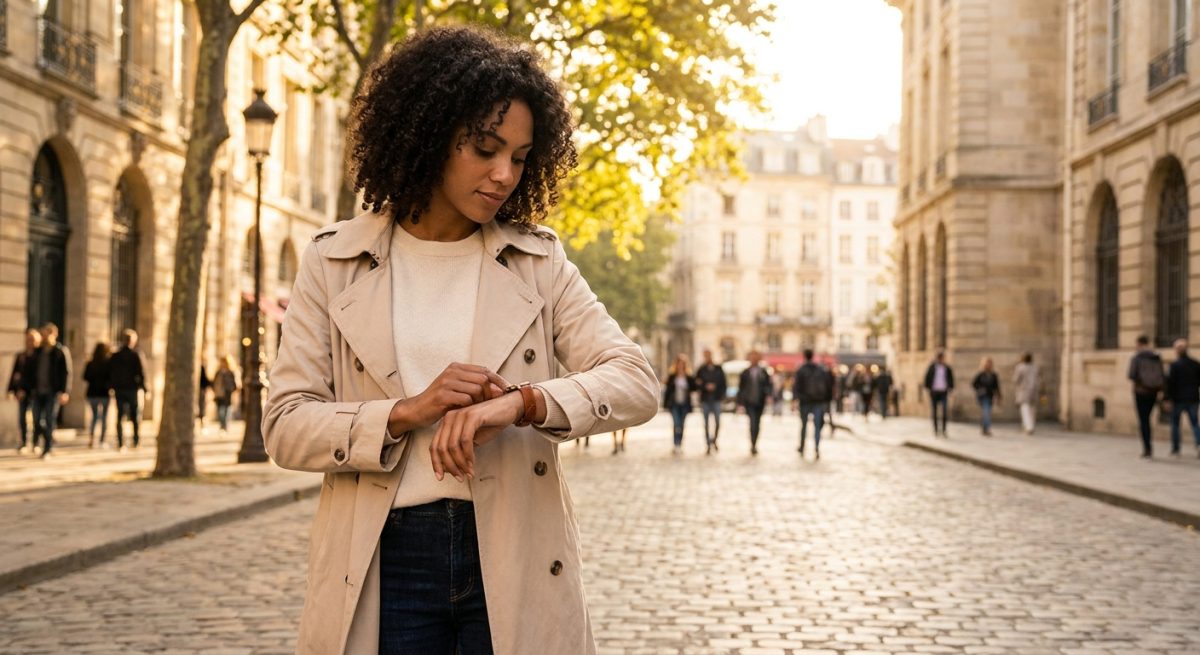 Femme en trench beige regardant sa montre à bracelet marron dans une rue en automne