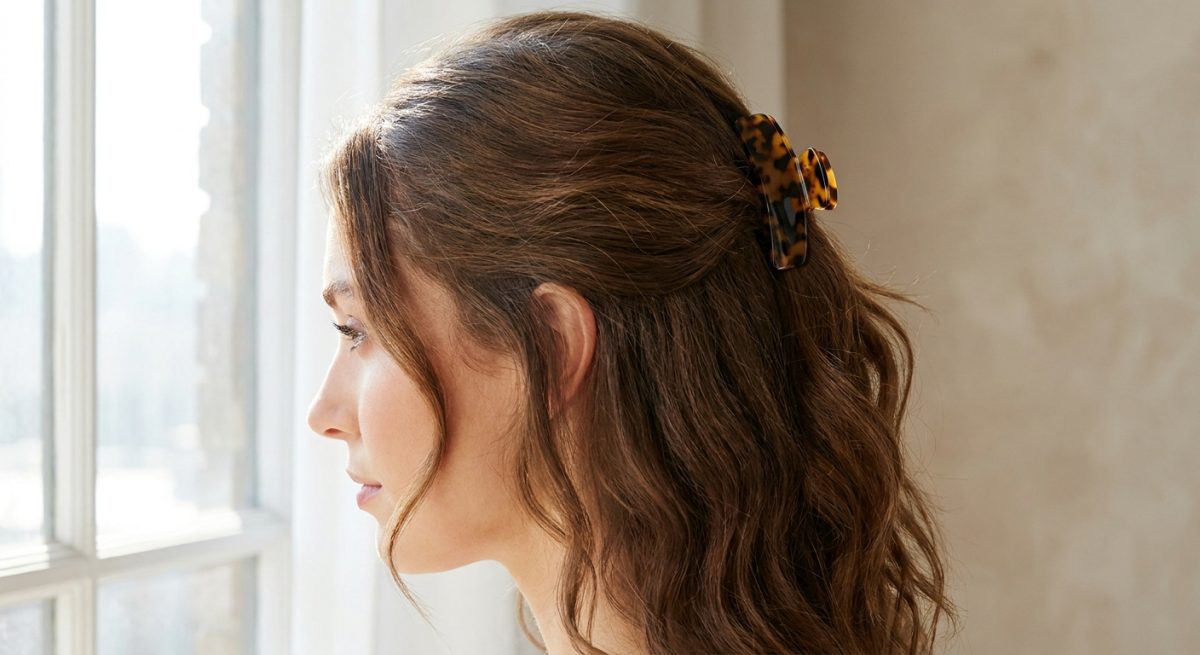 Femme aux cheveux longs châtains portant une demi-attache tenue par un accessoire en acétate écaille