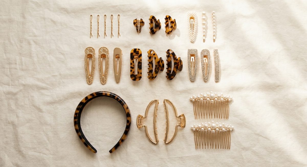 Assortiment d'accessoires cheveux de différentes tailles et mécanismes rangés du plus petit au plus grand