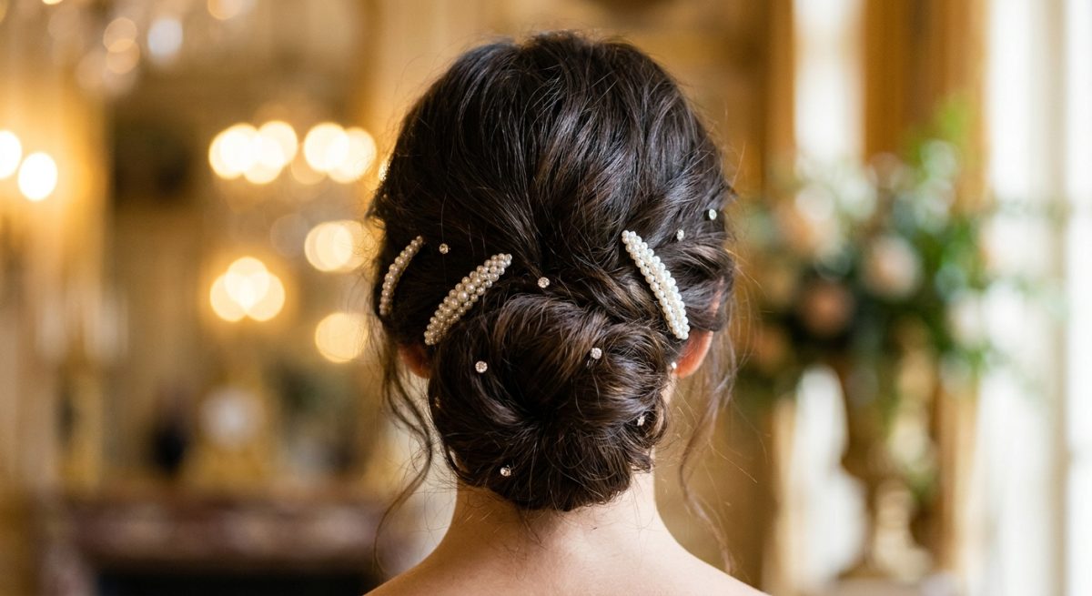 Chignon bas paré de barrettes en perles, dos vu en gros plan, bokeh doré d'une salle de mariage