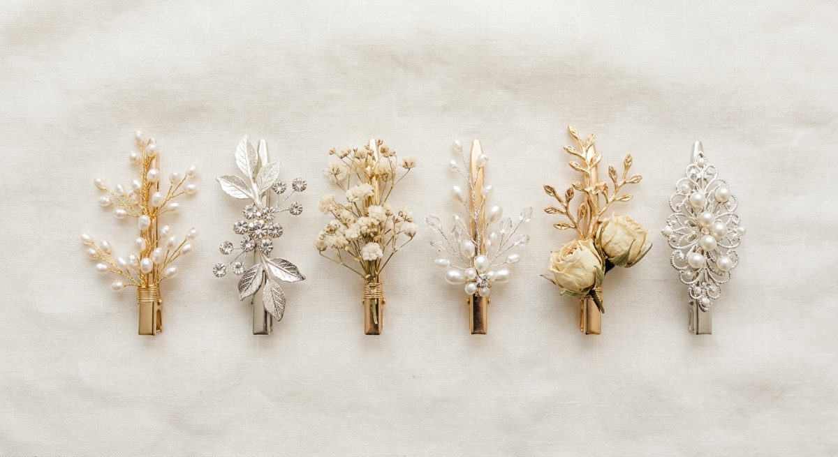 Six barrettes mariage alignées en flat lay sur lin ivoire, perles, strass et petites fleurs séchées
