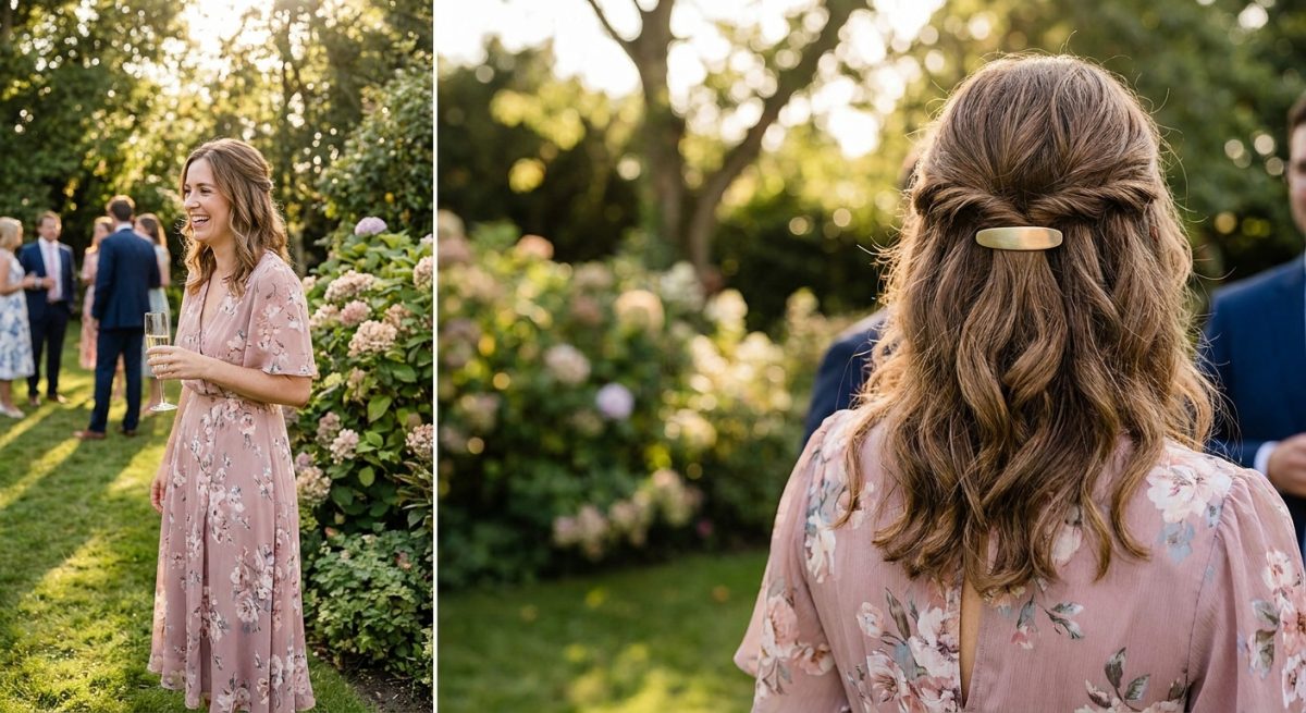 Invitée de mariage cheveux mi-longs en demi-attache avec barrette dorée discrète, robe pastel, jardin ensoleillé en fond