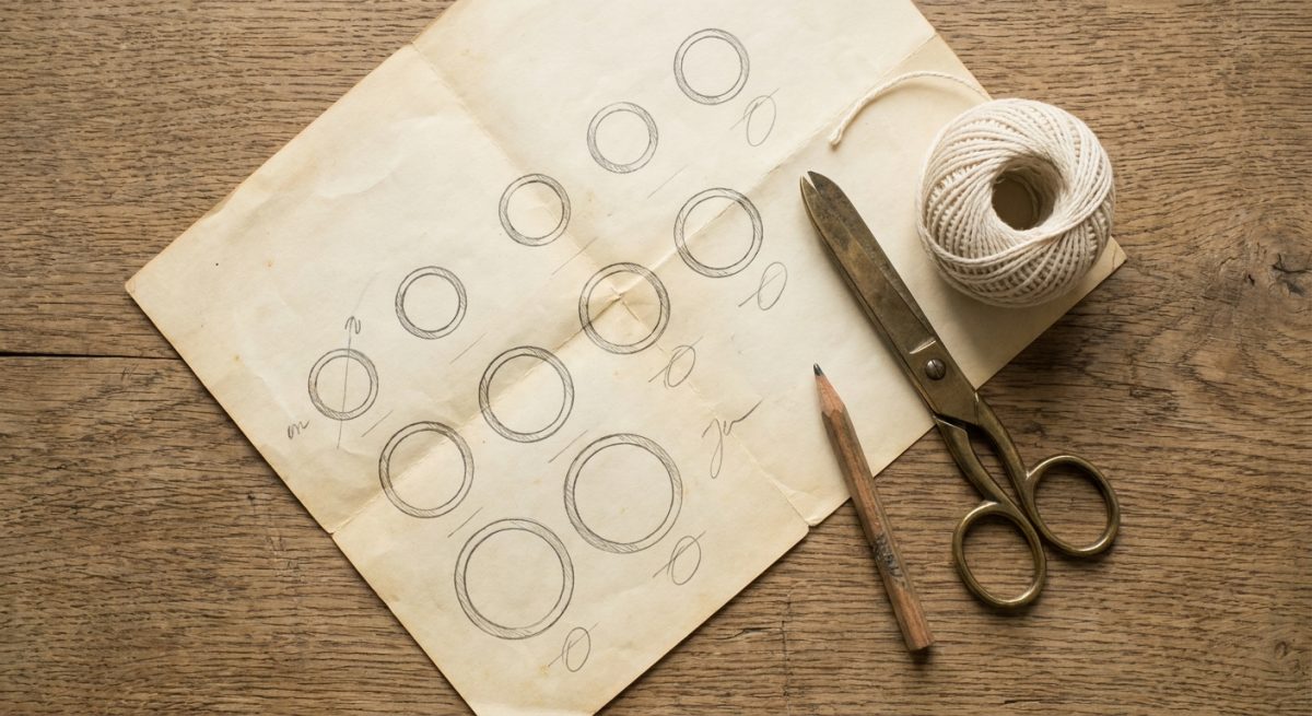 Feuille de papier avec différents cercles dessinés, ciseaux et pelote de ficelle sur un bois ancien