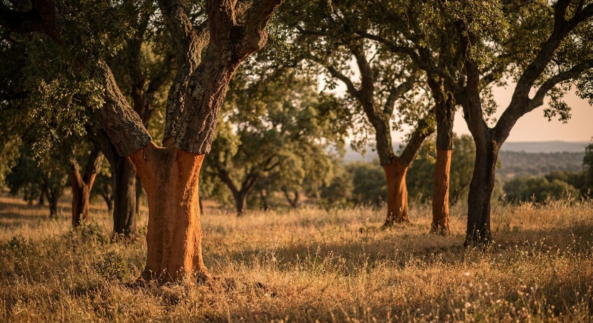Cork oak forest in Portugal with freshly harvested trunks