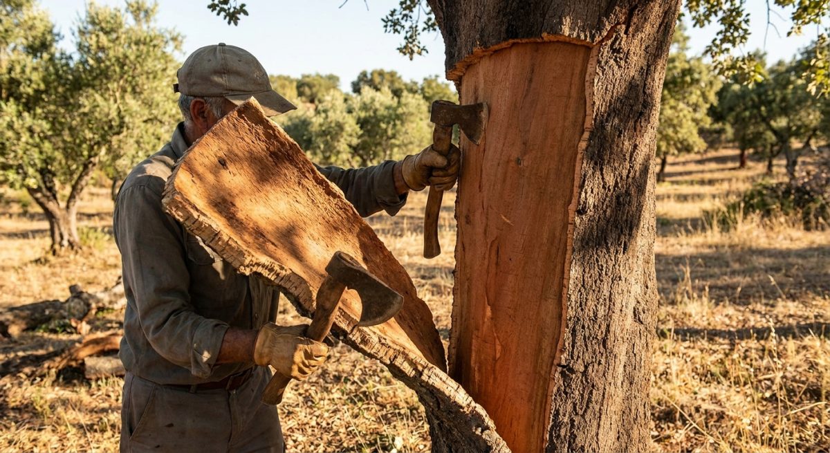 Stripping cork bark from a trunk with a curved axe
