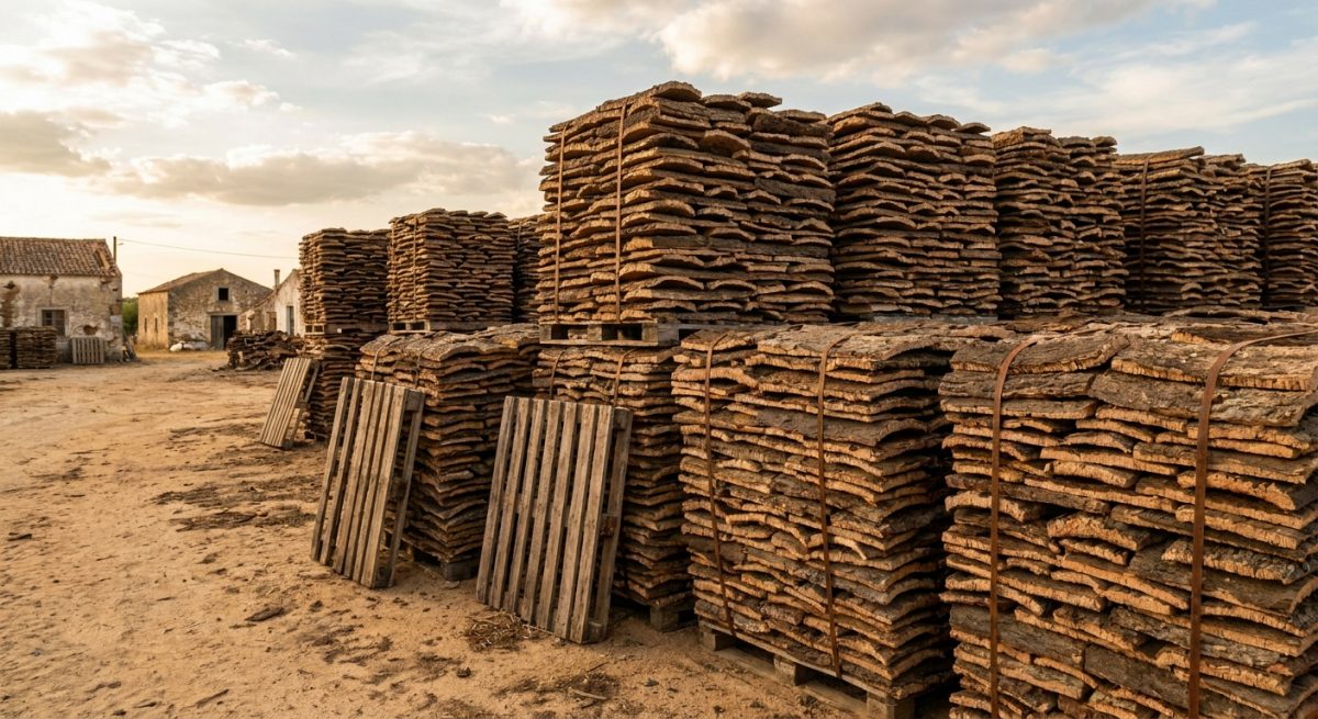Stacks of cork planks seasoning outdoors in Portugal