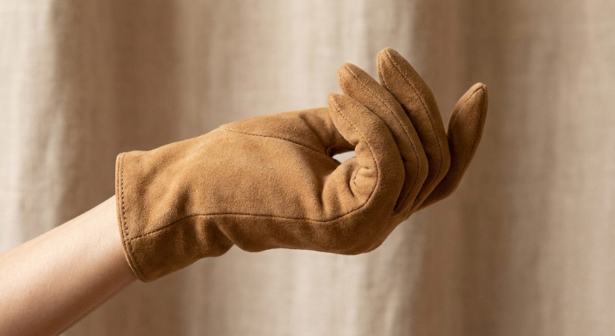 Main féminine portant un gant en suédine camel ajusté, doigts légèrement fléchis, coutures du poignet nettes
