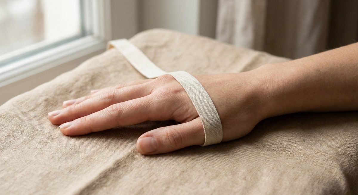 Main posée à plat sur lin beige, mètre ruban autour de la paume, lumière naturelle d'atelier