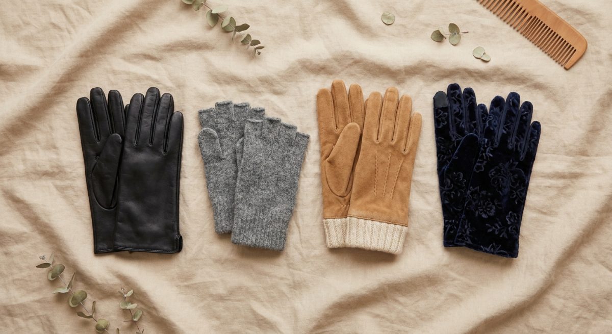 Quatre paires de gants alignés sur lin beige : cuir noir, mitaines tricot grises, suédine camel à poignet tricot, velours bleu marine à motifs