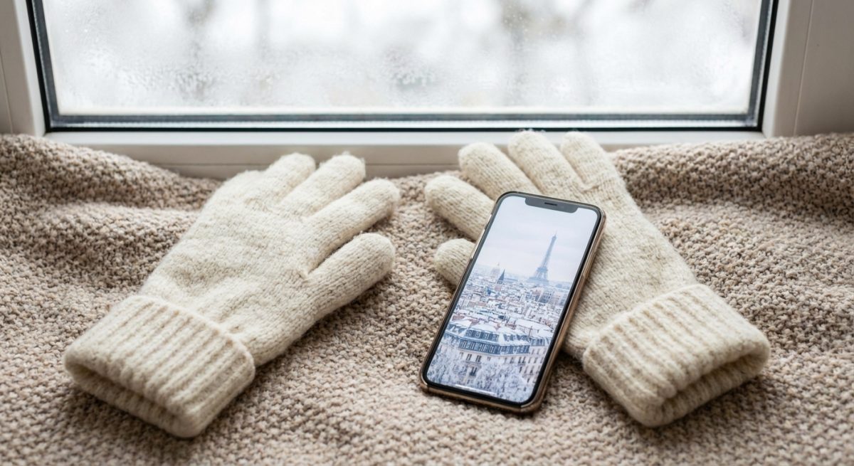 Gants en laine chaude posés près d'un smartphone affichant une vue hivernale de Paris