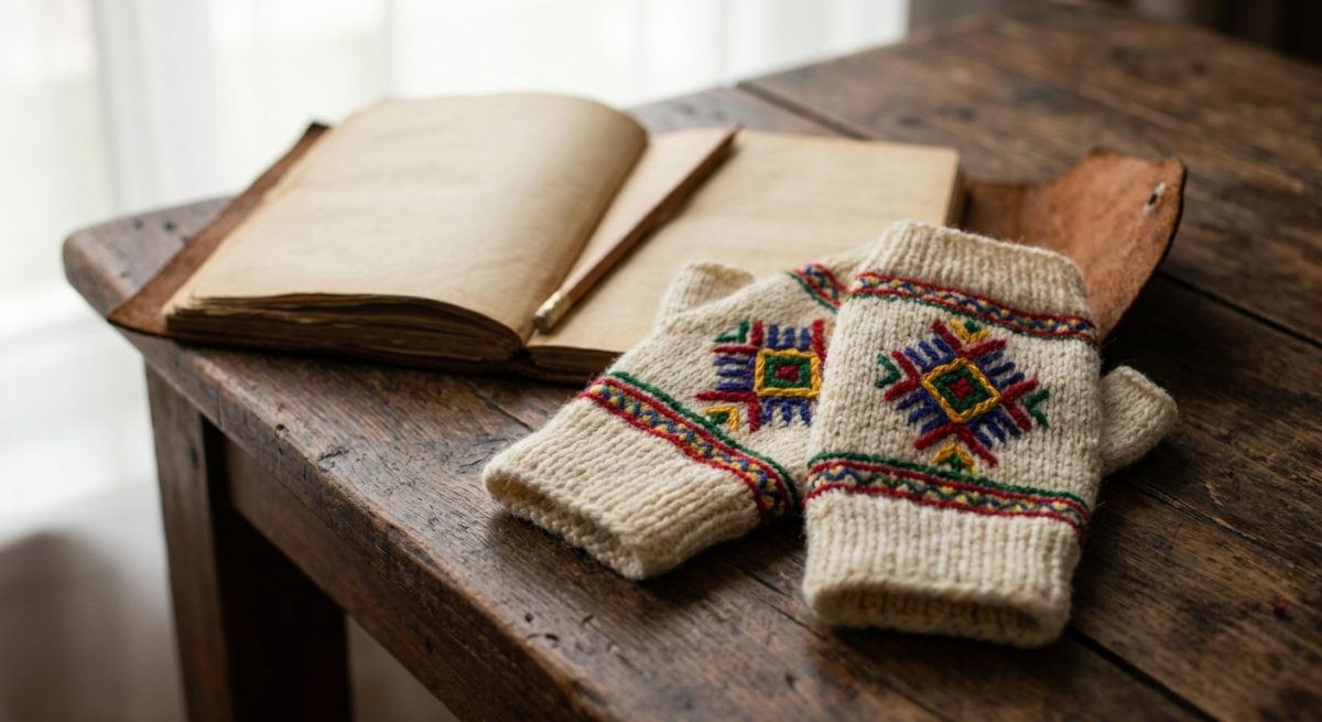 Mitaines tricotées au Népal en laine vierge crème, brodées de motifs géométriques colorés, posées sur un bois patiné