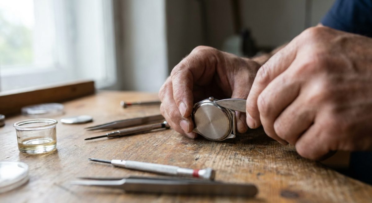 Mains ouvrant le fond d'une montre à quartz avec un outil d'horloger