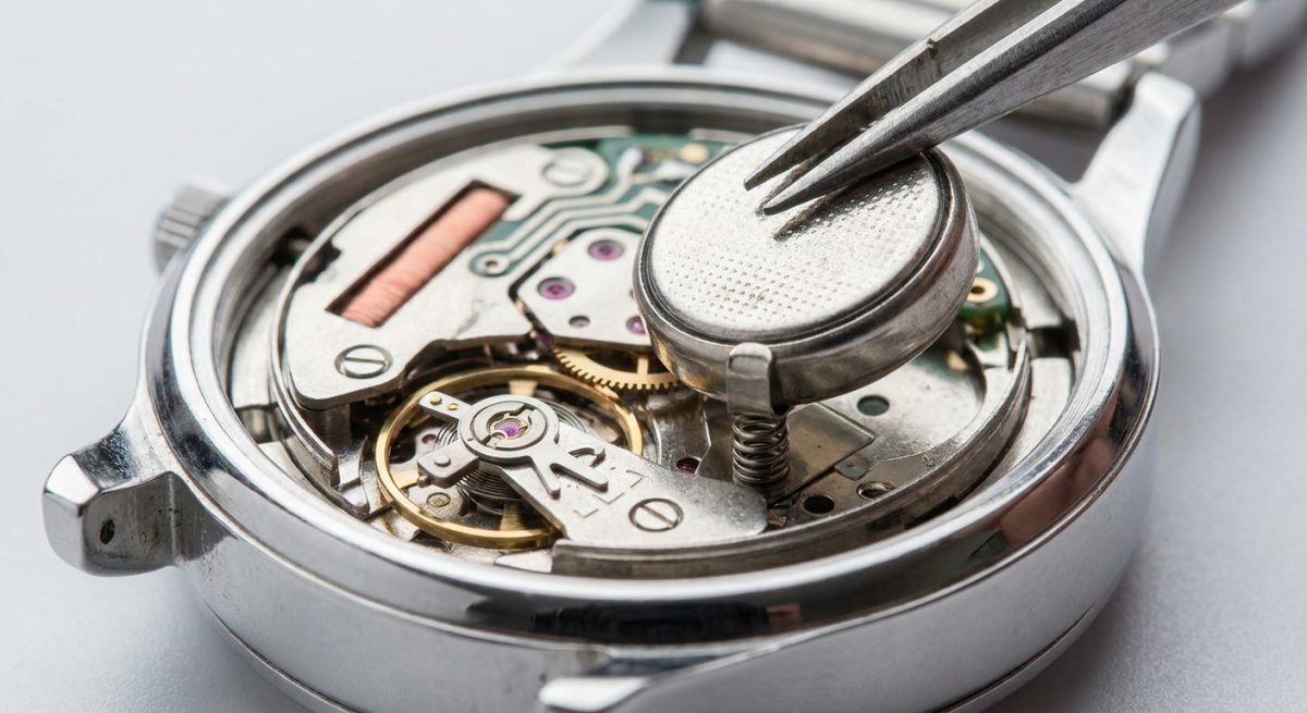 Pile bouton argentée posée dans le mouvement d'une montre à quartz avec des brucelles