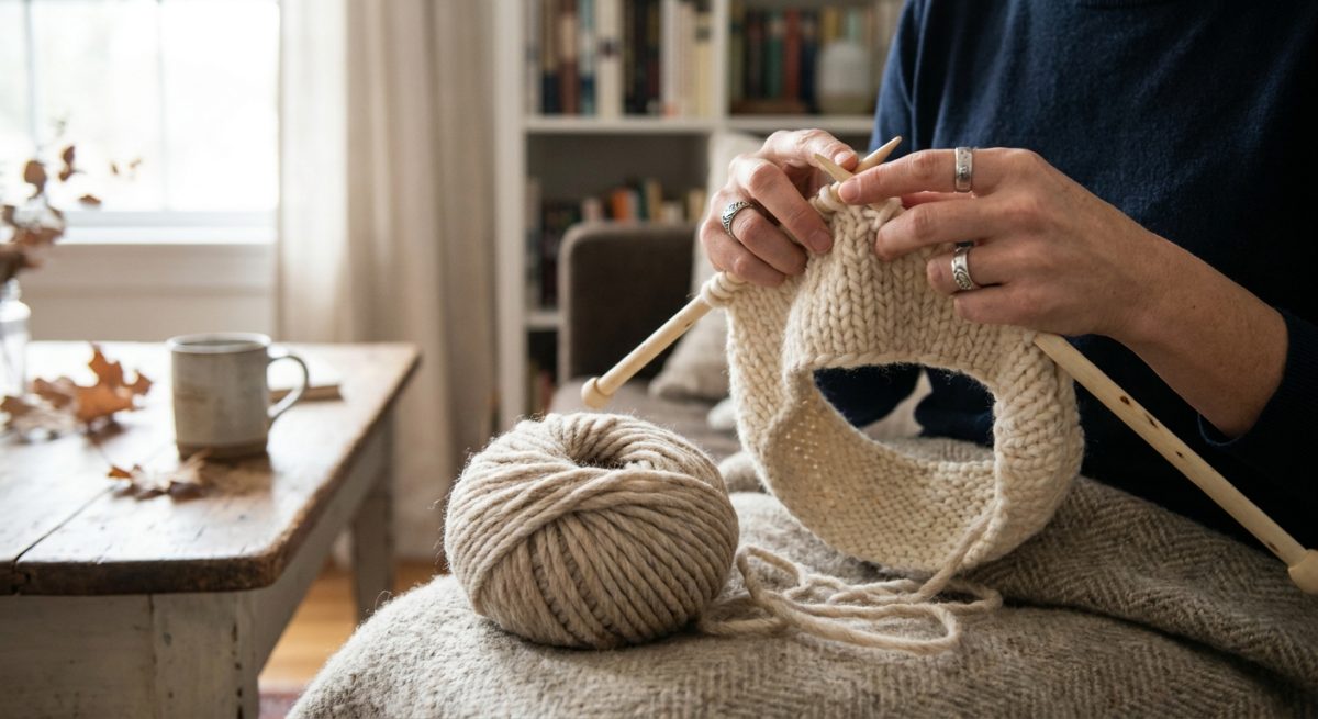 Mains en train de tricoter un bandeau beige avec des aiguilles en bois