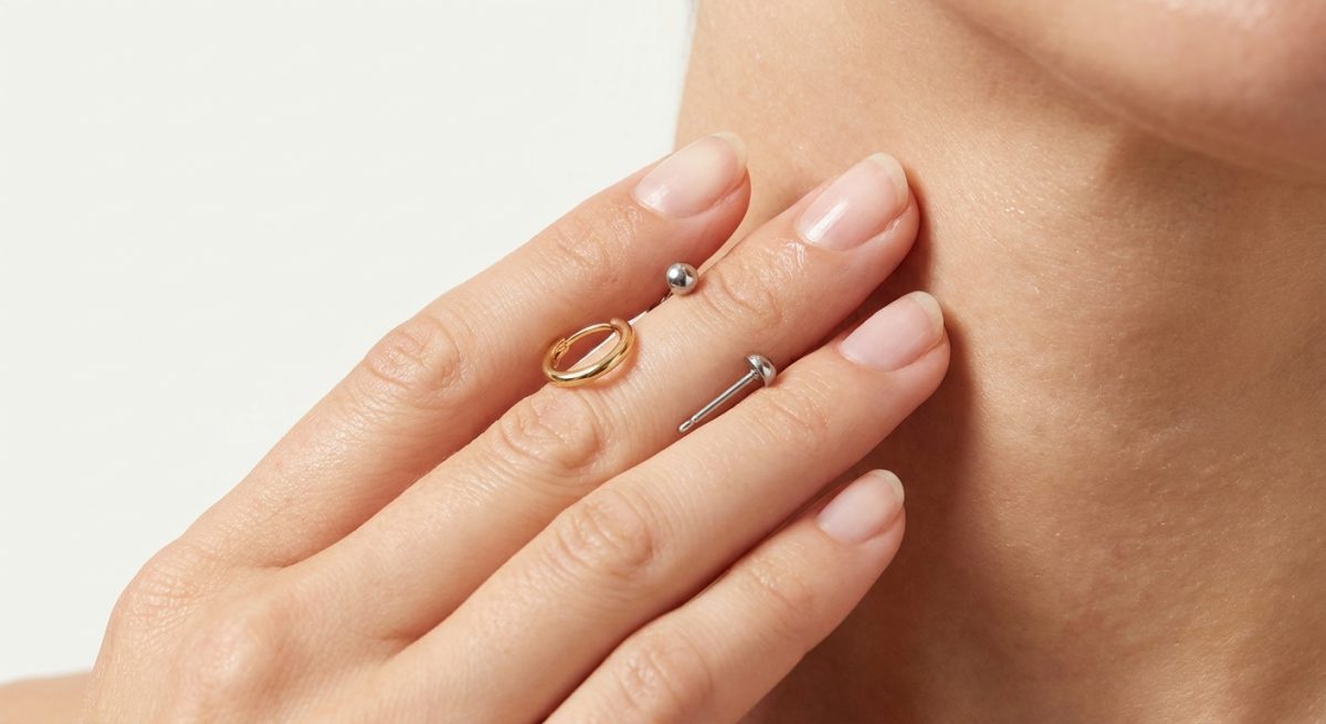 Mains tenant des boucles d'oreilles hypoallergeniques pres d'une peau saine