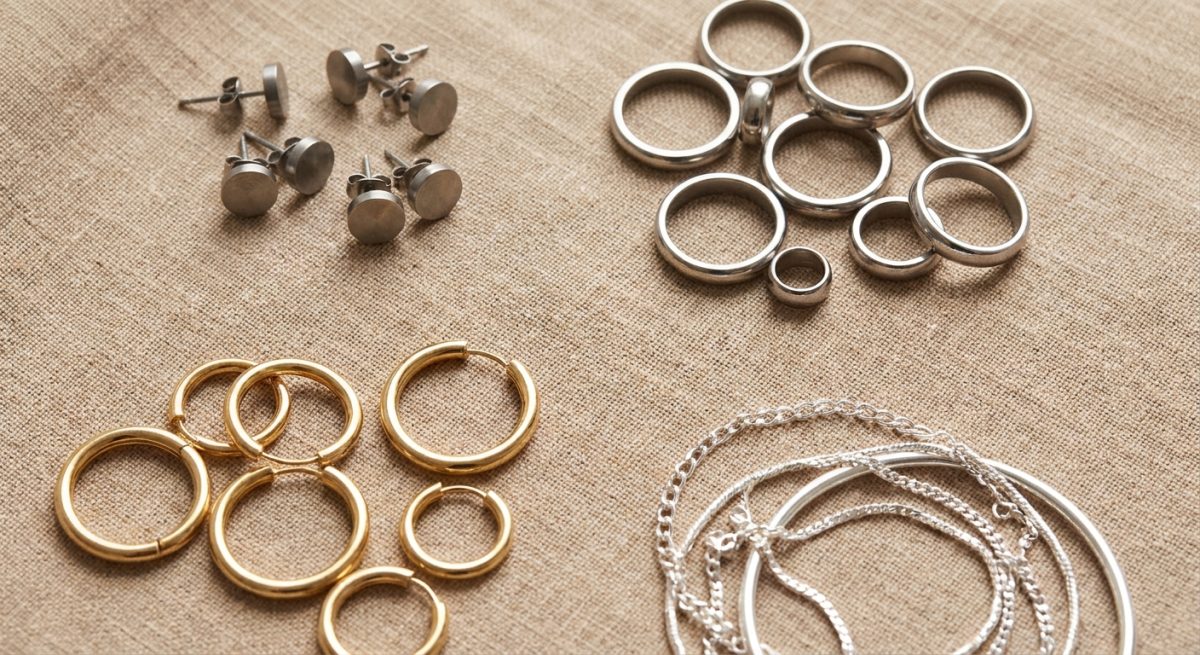 Assortiment de bijoux en titane, acier chirurgical, or et argent classes par metal