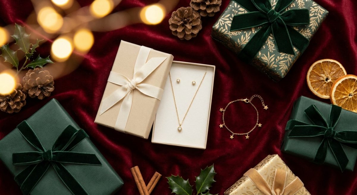 Caja de regalo navideña con collar dorado y pendientes a juego sobre terciopelo rojo