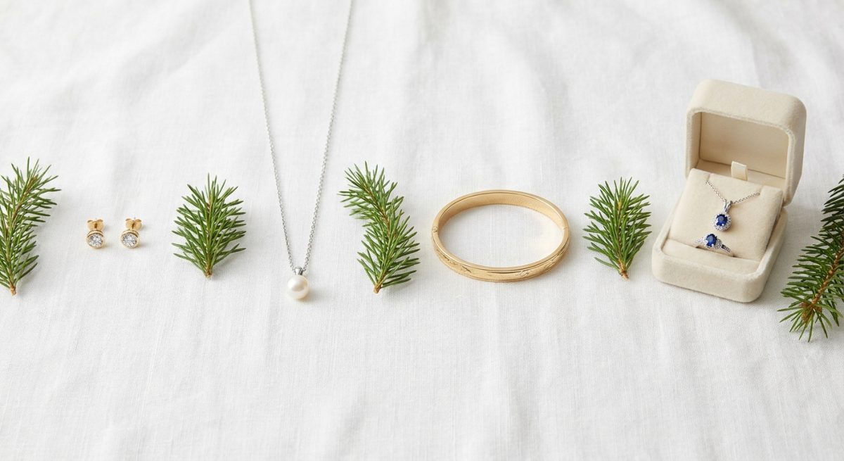 Jewellery gift ideas in a row with fir branches