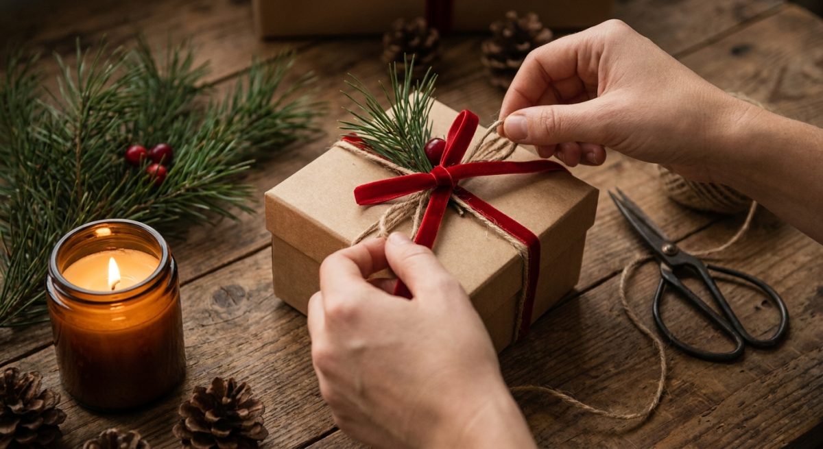 Manos envolviendo una pequeña caja de joyas con papel kraft y cinta roja