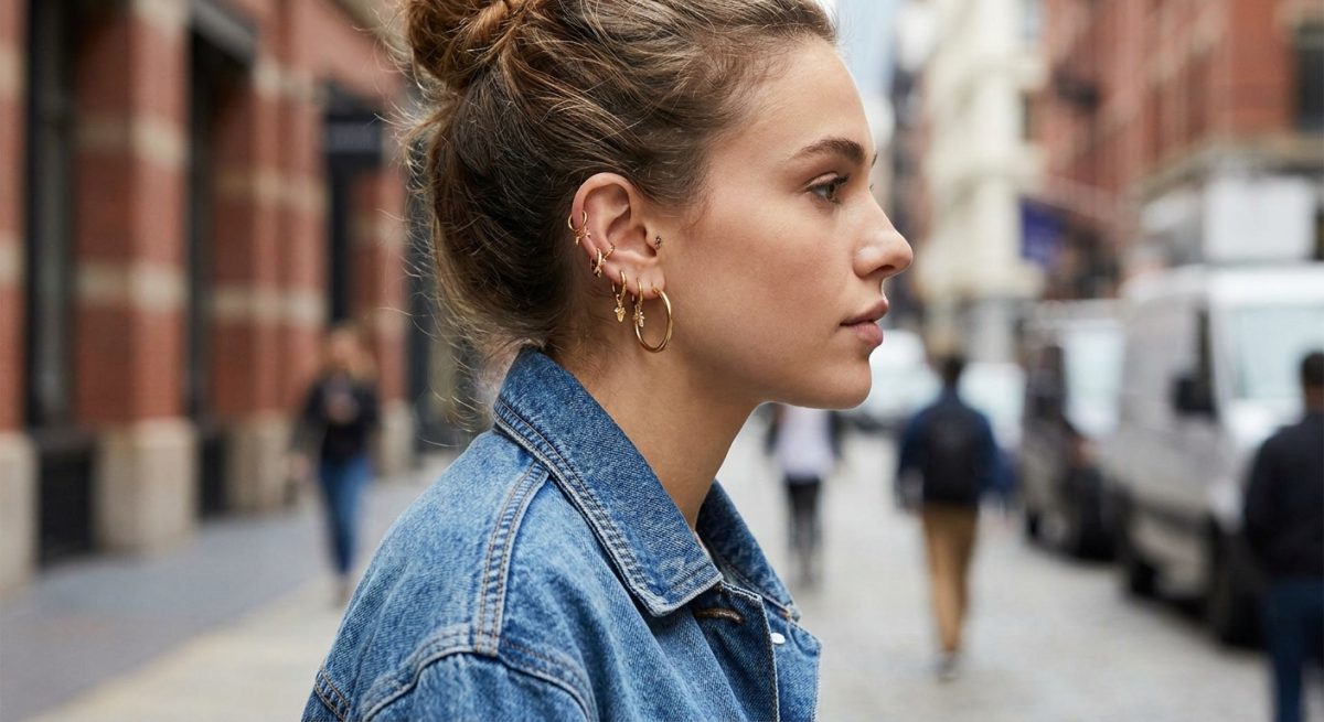 Accumulation de créoles dorées sur une oreille, ear stacking tendance
