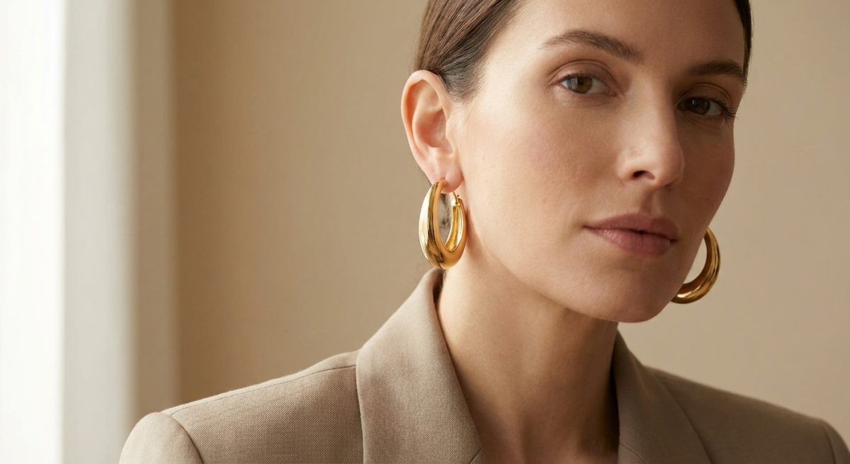 Femme portant de grandes créoles dorées, tendance bijoux 2026