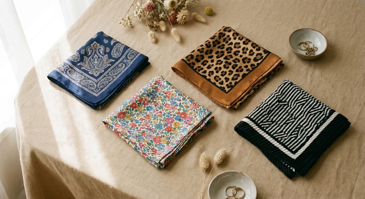 Quatre carrés de soie alignés en flat lay sur lin beige : motif cachemire bleu marine, floral Liberty multicolore, léopard caramel, plissé géométrique noir et blanc