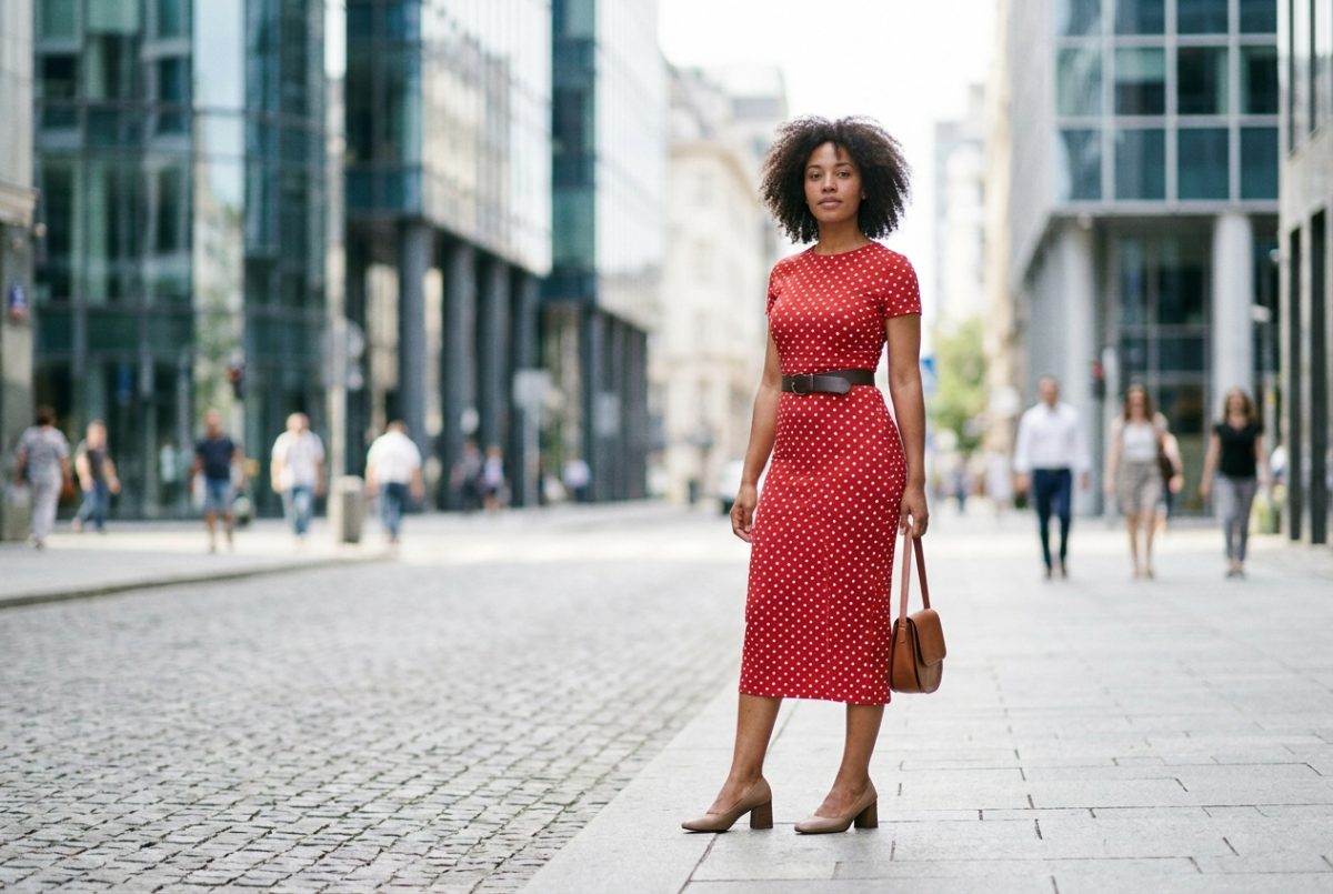 Femme en robe rouge à pois ceinturée à la taille, style pin-up moderne en ville