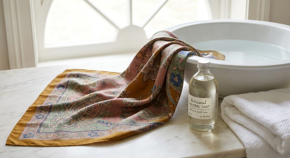 Printed silk scarf beside a basin of cool water and a bottle of gentle neutral soap