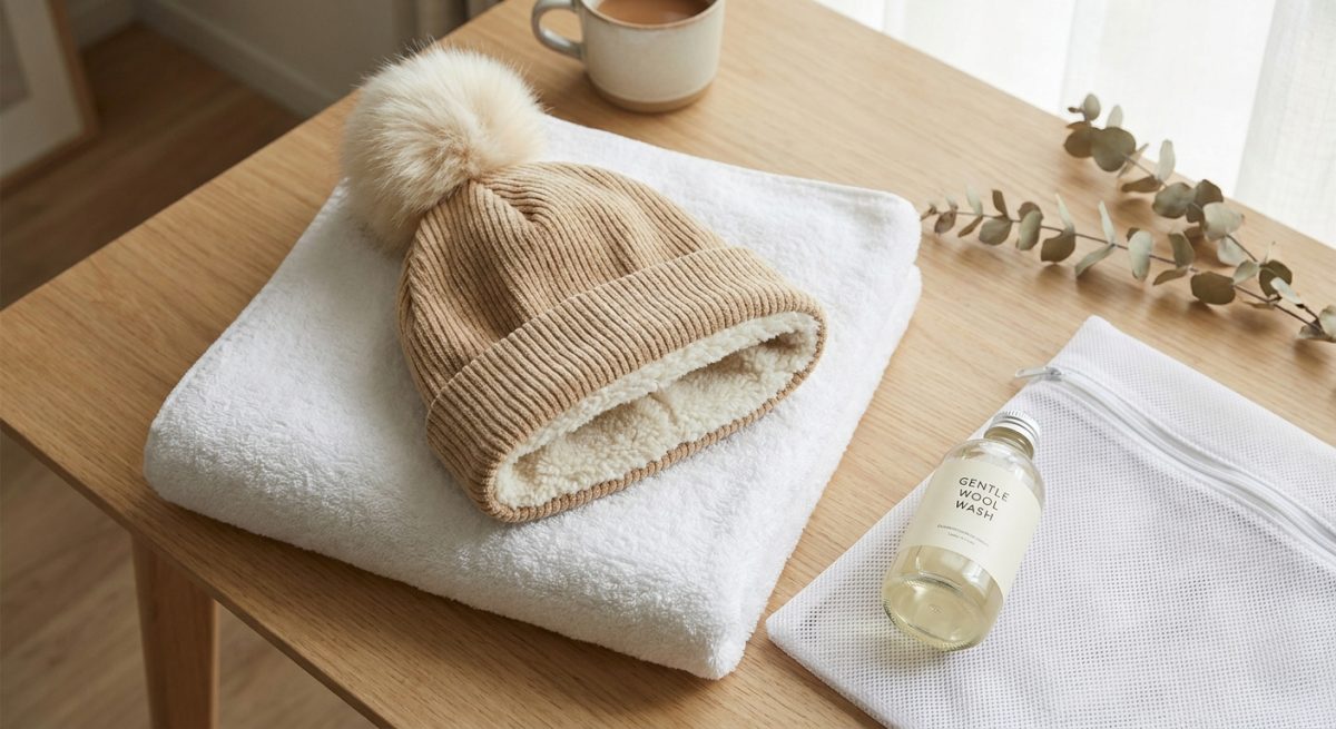 Bonnet en velours côtelé doublé pilou pilou prêt à être lavé, posé sur une serviette avec un filet de lavage