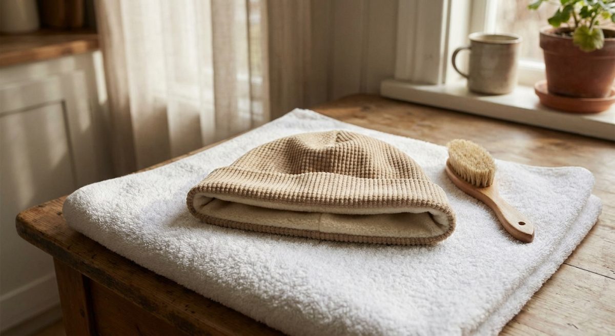 Bonnet doublé séchant à plat sur une serviette blanche près d'une fenêtre, à côté d'une brosse douce