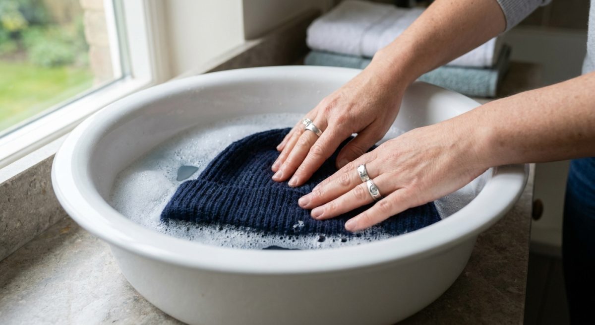 Lavage à la main délicat d'un bonnet en maille dans une bassine d'eau savonneuse froide