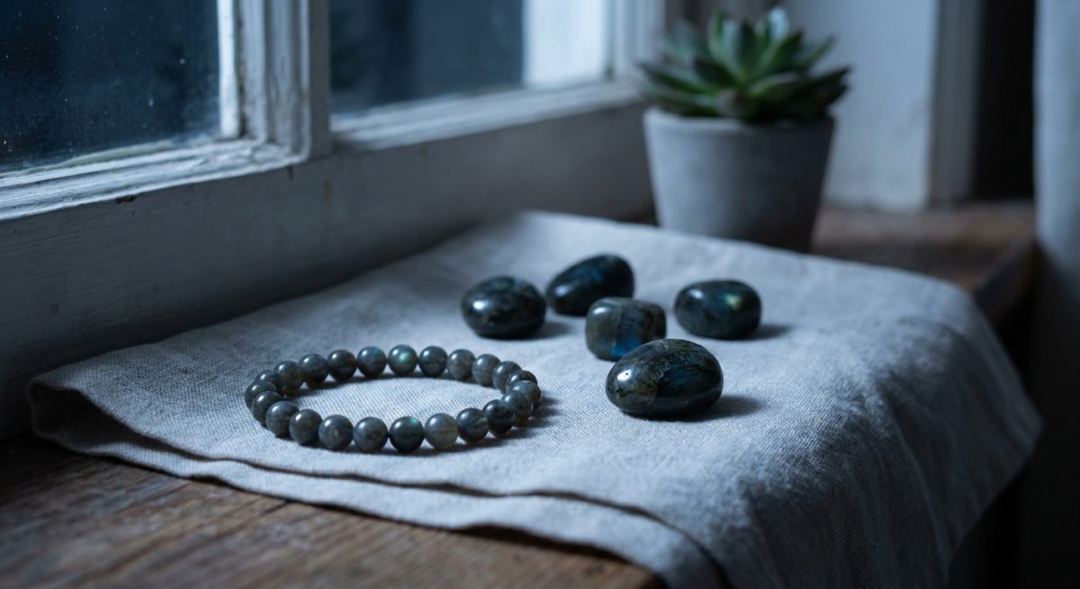 Bracelet et pierres de labradorite posés sur un rebord de fenêtre sous la lumière de la lune