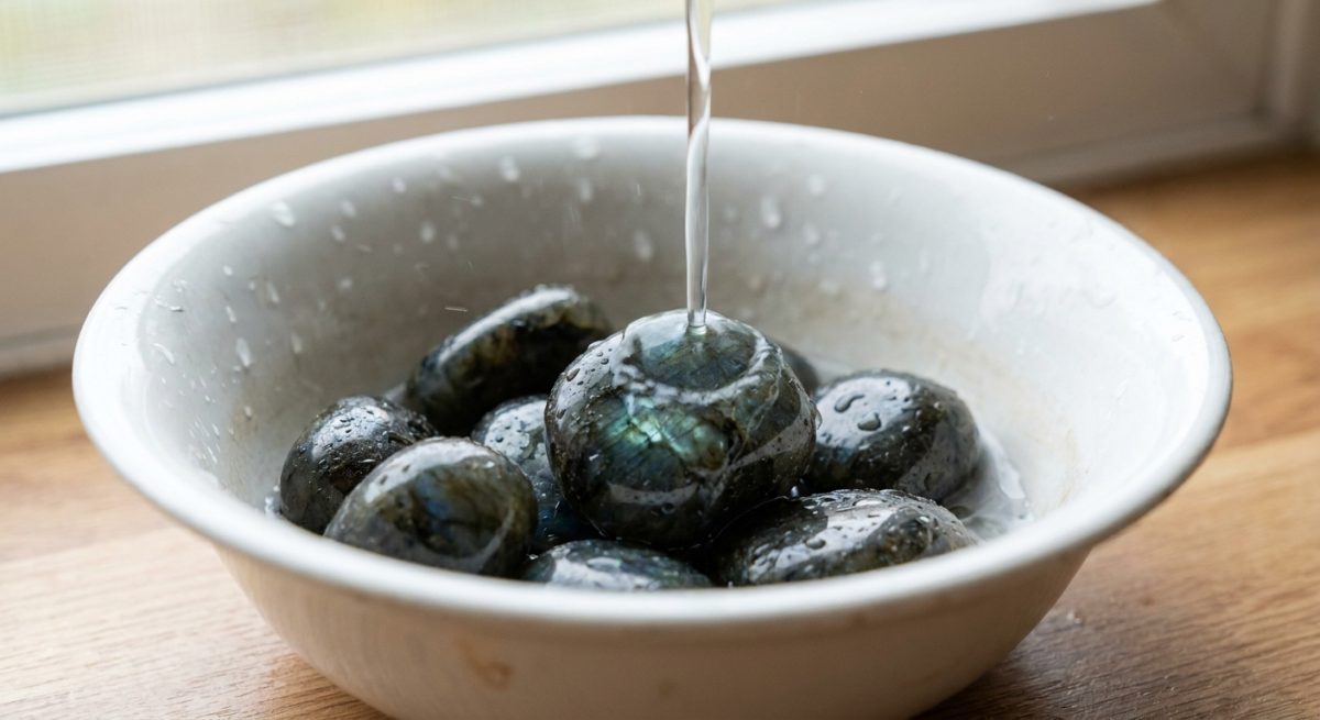 Pierres de labradorite rincées sous un filet d'eau claire au-dessus d'un bol en céramique