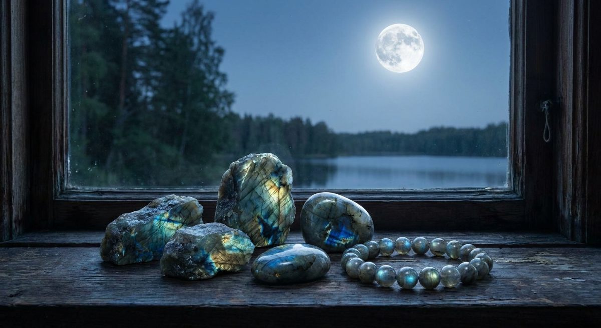 Pierres et bracelet de labradorite disposés sur un rebord en bois sous une pleine lune