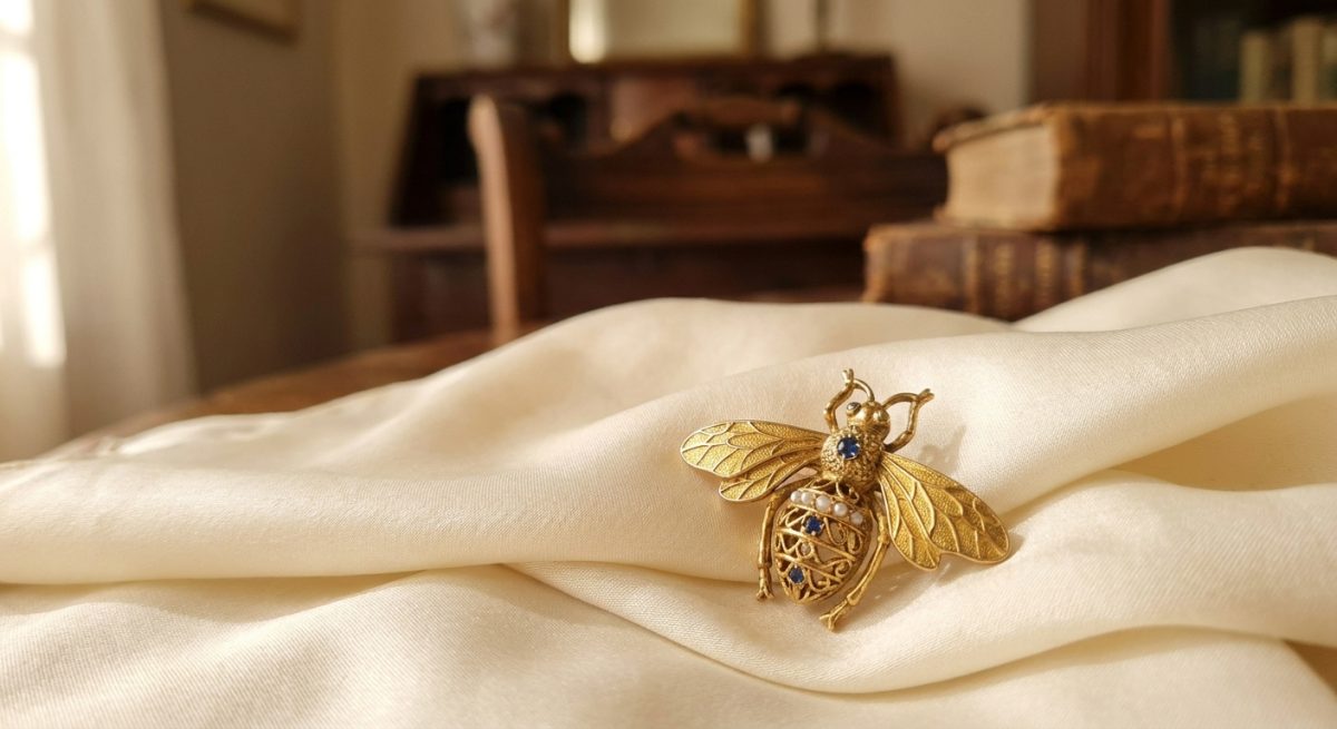 Broche abeille dorée posée sur une soie ivoire, ambiance vintage
