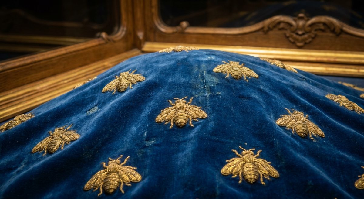 Abeilles brodées d'or sur velours bleu impérial