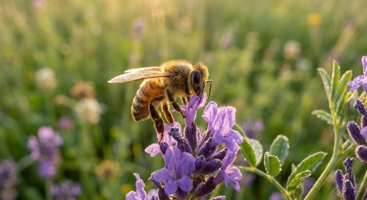 Honigbiene sammelt Pollen auf einer Lavendelbluete