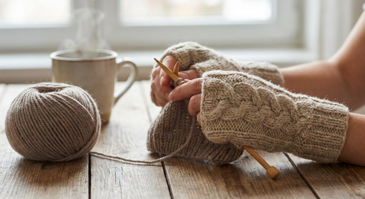 Mains portant des mitaines tricotées main en laine beige, aiguilles et pelote sur une table en bois