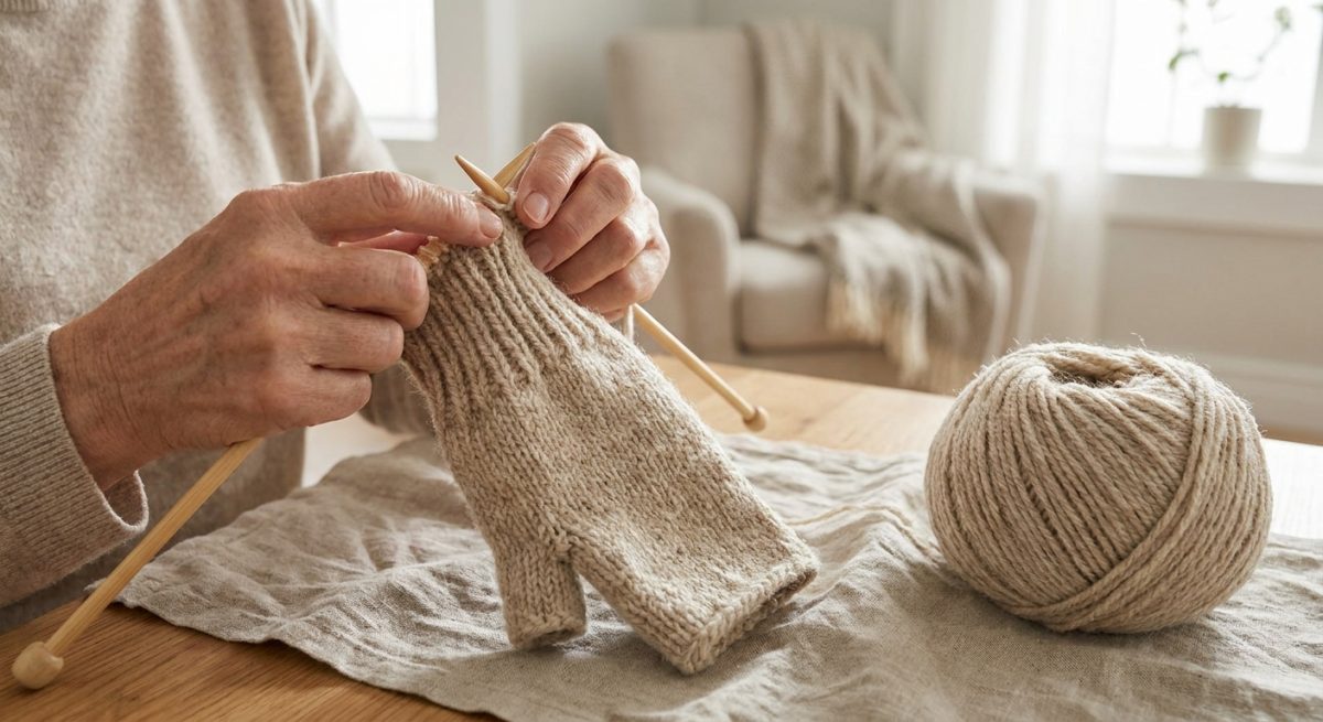 Gros plan sur un poignet de mitaine en côtes en cours de tricot sur aiguilles droites