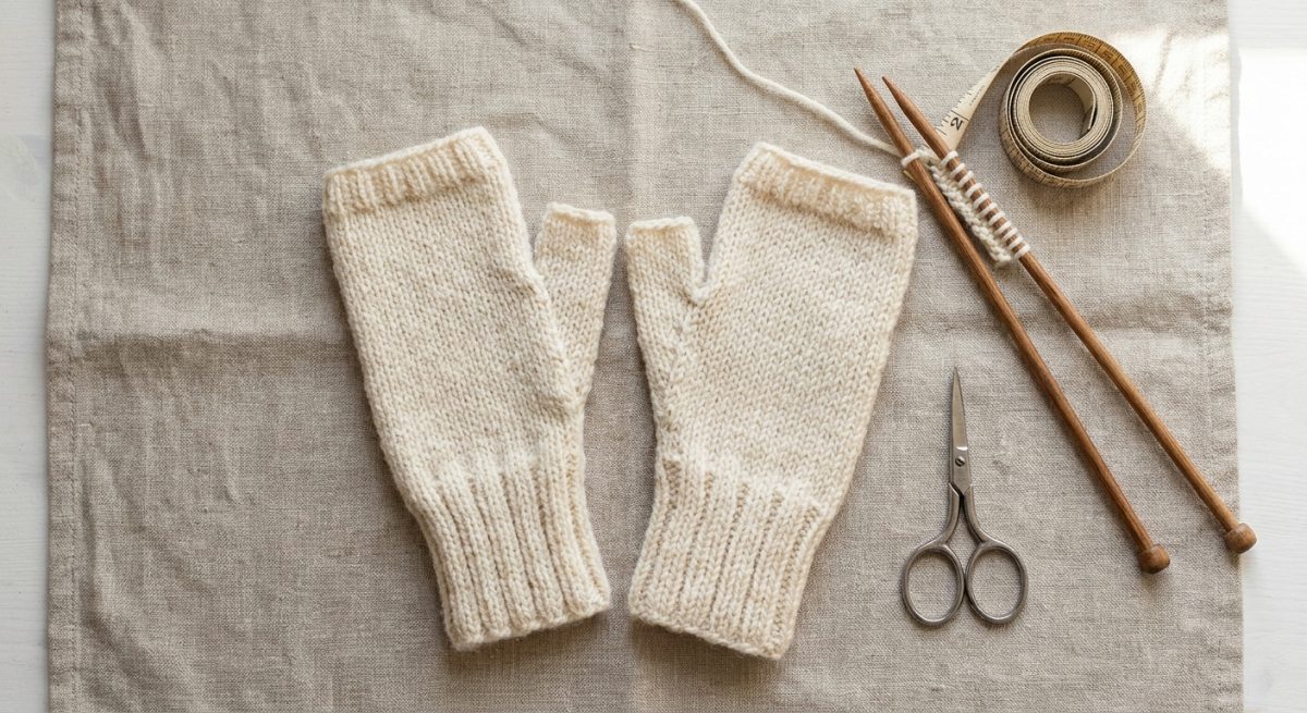 Paire de mitaines tricotées main terminées en laine beige avec aiguilles, mètre ruban et ciseaux