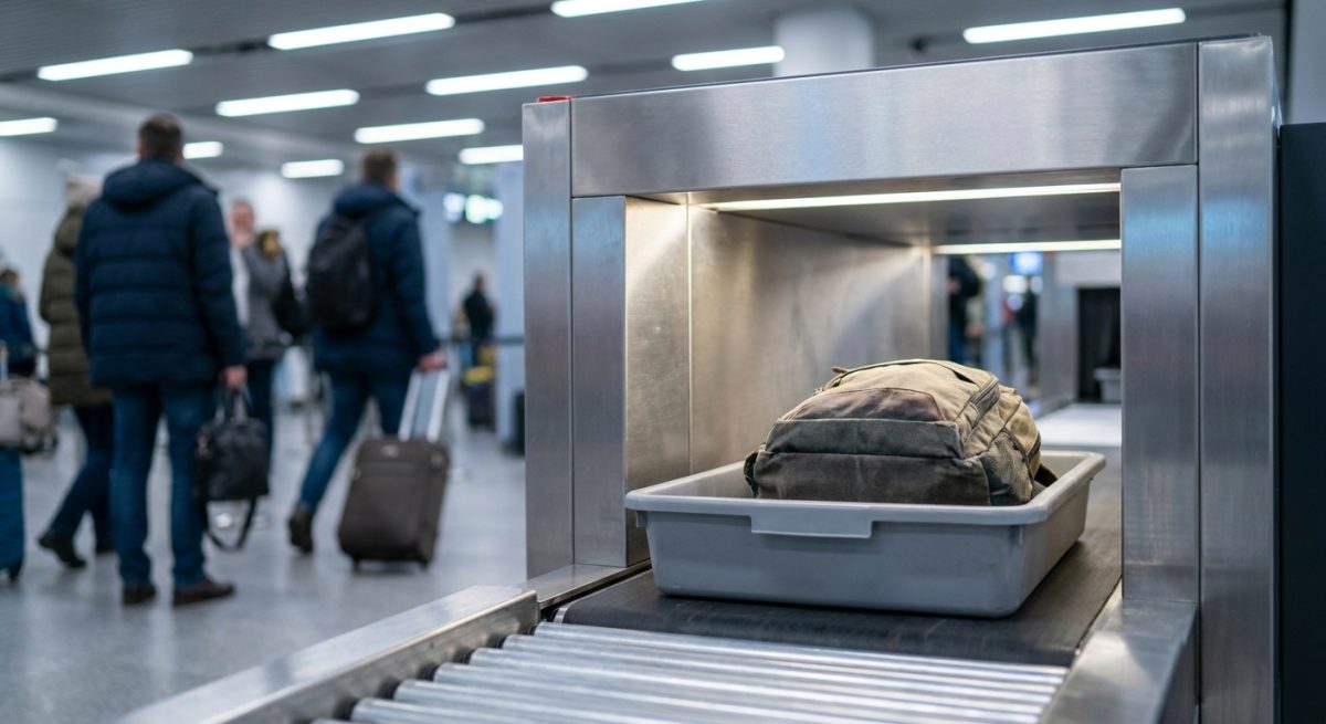 Bac de sécurité entrant dans un scanner tomographique d'aéroport