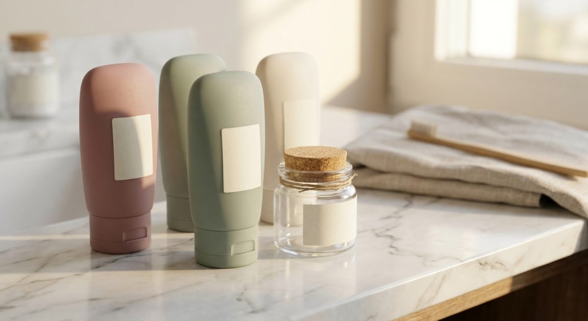 Petits flacons de voyage rechargeables posés sur un plan en marbre blanc